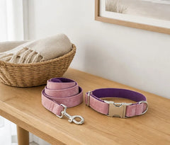 Velvet collar and leash set styled on an entryway bench