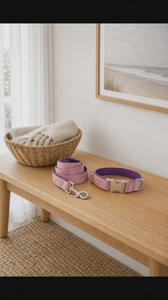 Animated display of the velvet collar and leash set on an entryway bench