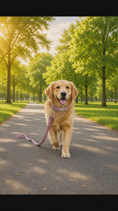 Animated scene of a golden retriever wearing the velvet collar walking in a sunny park